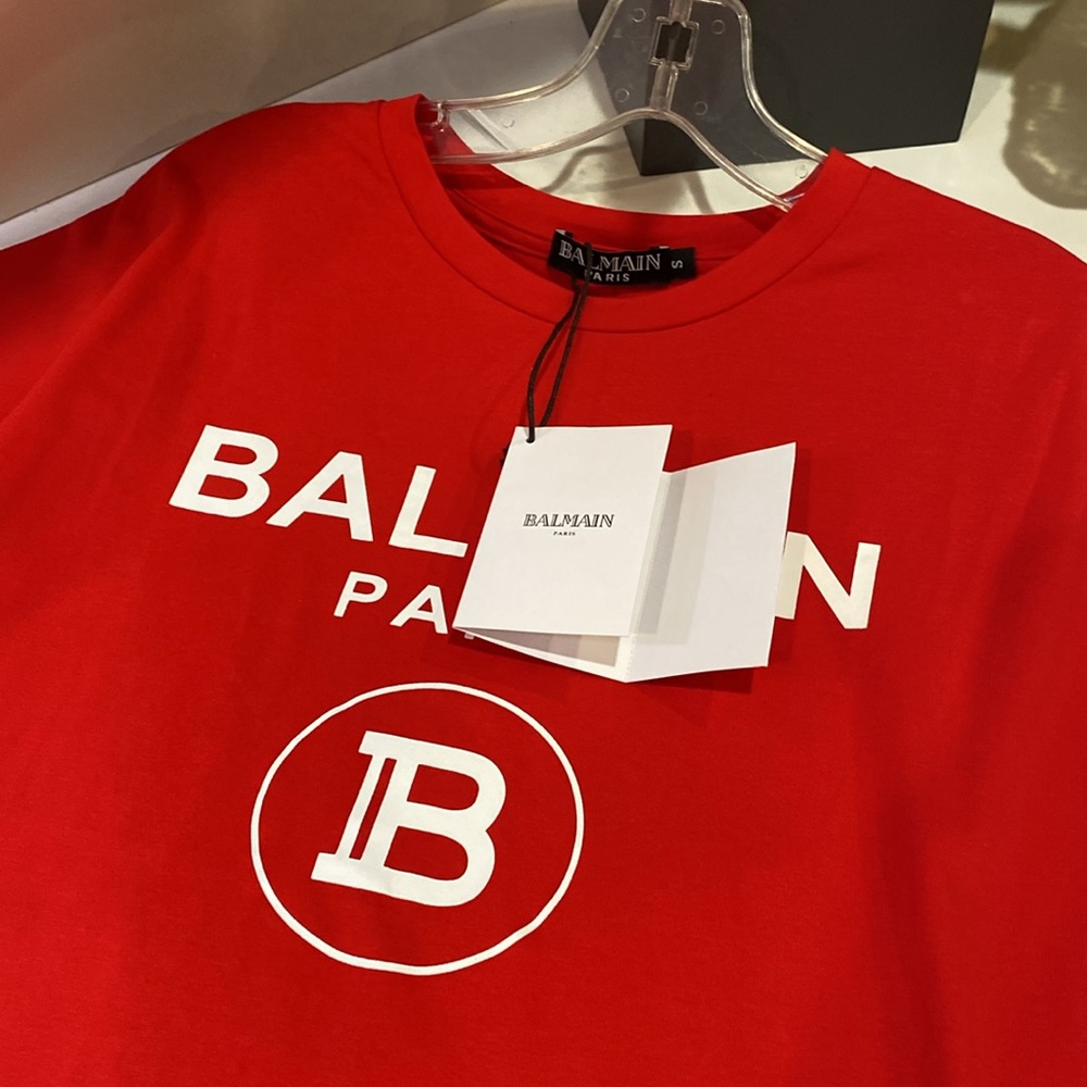 Balmain Red Cropped Logo Tee with White Print - Picture 4 of 4